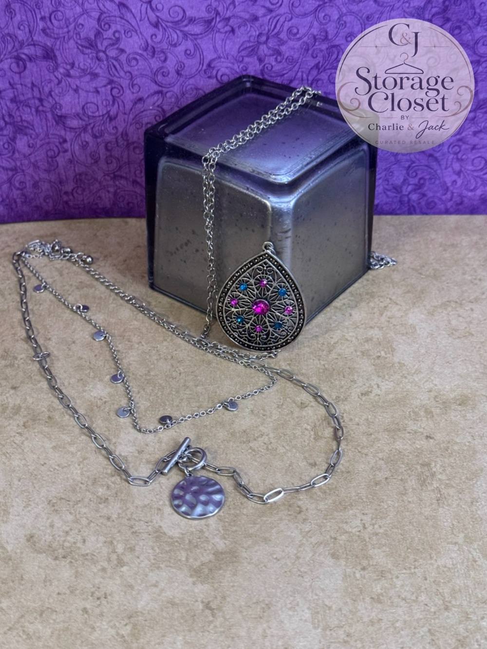paparazzi Silver Teardrop Filigree Necklace with Purple and Pink Accents